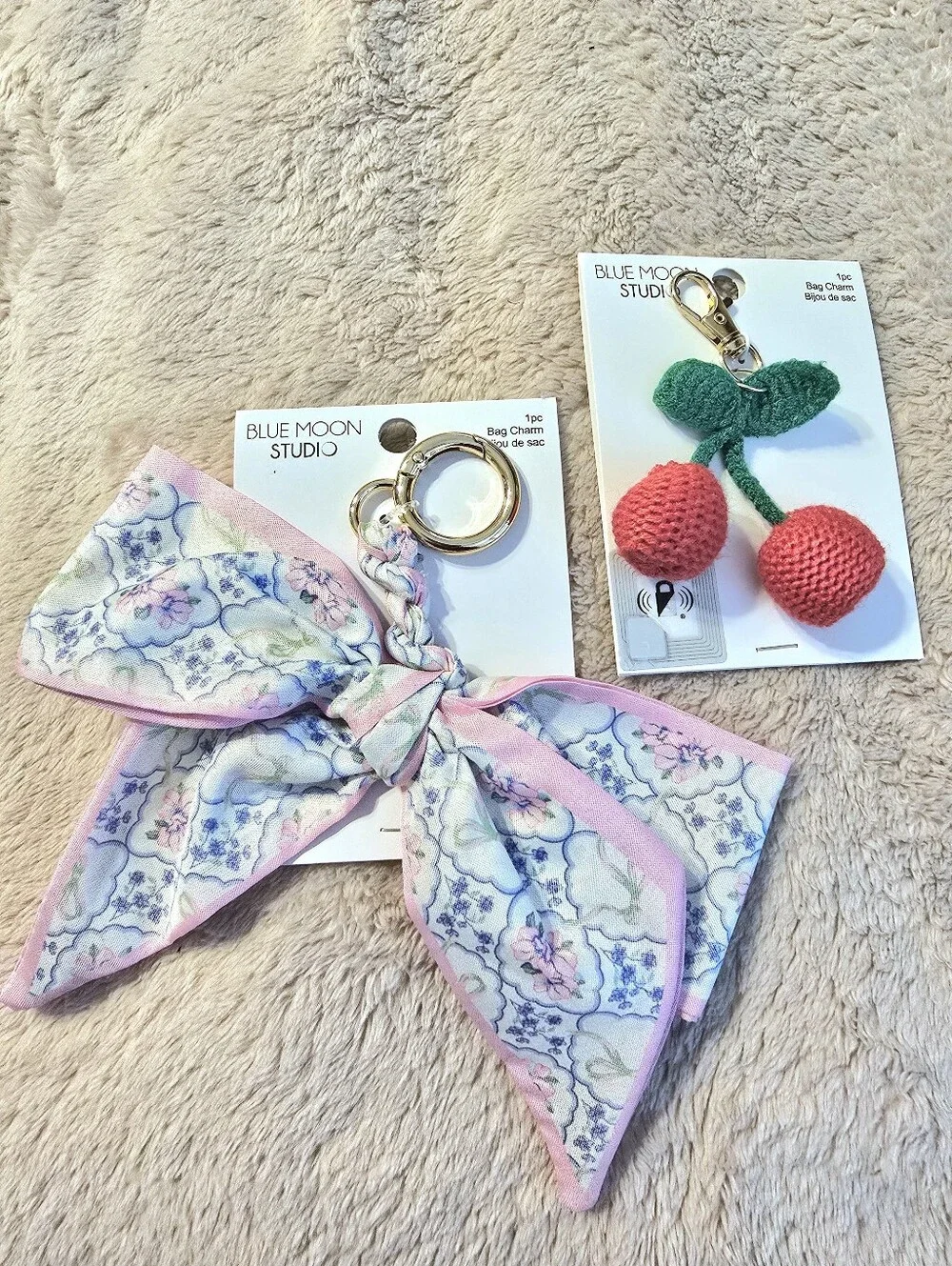 Pink Floral Bow Keychain and Crochet Cherry Bag Charm Set